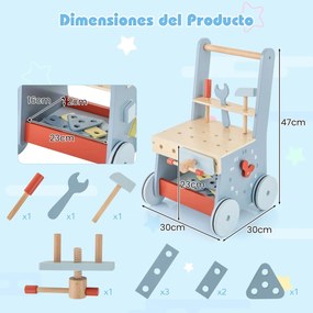 Andador de madeira para bebés Brinquedos de ferramentas para bebés com arrumação inferior 30 x 30 x 47 cm Azul