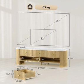 Móvel de TV 140 x 40 x 43 cm, móvel para televisor de 65 polegadas com efeito de mármore, 3 gavetas com frentes caneladas com efeito de madeira natura