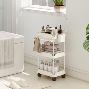 Carrinho Auxiliar com Rodas de 3 Níveis com Cestos Extraíveis Suporte para Toalhas e Estrutura de Metal 42x42,5x76 cm Branco