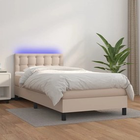 Cama box spring c/ colchão/LED 80x200cm couro artif. cappuccino