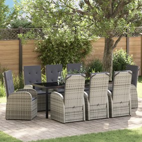 Conjunto de Jantar Jardim de 9 Peças com Almofadas Cinza em Rattan