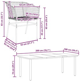 Conjunto jantar jardim 7 peças vidro vime PE castanho