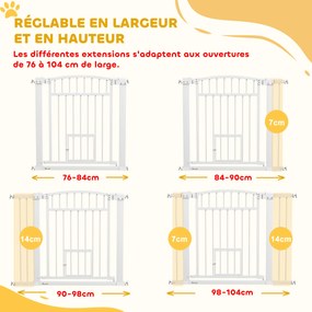 Barreira de segurança para cães com sistema de duplo bloqueio, montagem por pressão ou perfuração, largura 76-104 cm, branca