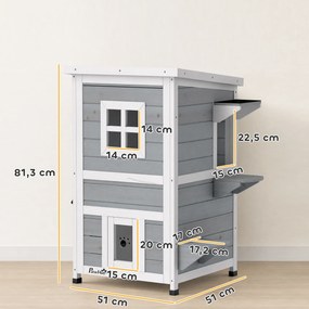 Casota Exterior para Gatos em Madeira de 2 Níveis com Telhado Basculante, Plataformas de Salto e Portas, 51x51x81,3 cm, Cinzento