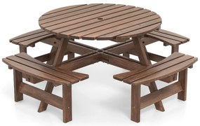 Conjunto de mesa de Jardim ou piquenique redonda com 4 bancos para 8 pessoas com orifício para guarda-sol de 5 cm Castanho