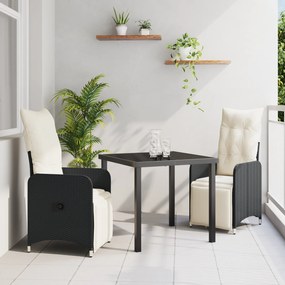 vidaXL Conjunto de Jantar de Jardim de 3 Peças com Almofadas Rattan Polivalente Preto
