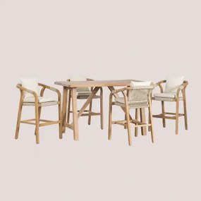Conjunto De Mesa Alta Retangular 160x90 Cm E 4 Bancos Altos De Jardim Em Madeira De Acácia Dubai Castanho Acácia Rústico & Tecido Gardénia Branco -