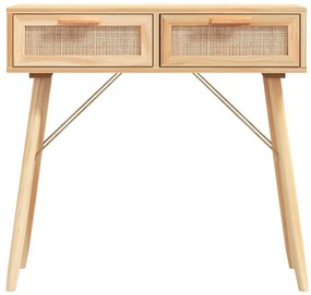 Mesa consola 80x30x75 cm pinho maciço e vime natural castanho