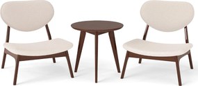 Conjunto de 2 cadeiras baixas decorativas com mesa auxiliar estofadas em veludo de carneiro com estrutura em madeira maciça bege