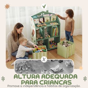 Estante Infantil para Brinquedos com Gavetas de Tecido Prateleiras Abertas Design de Ursinhos Organizador de Brinquedos Verde