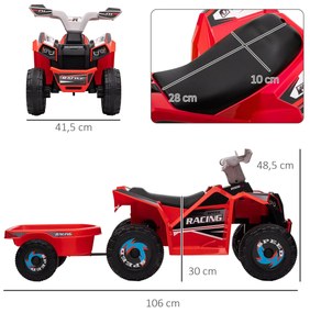 Moto 4 Elétrico para Crianças com Reboque Bateria 6V de 18-36 Meses com Velocidade 2,5 km/h 106x41,5x48,5 cm Vermelho