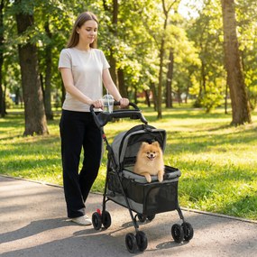 Carrinho para Cães Dobrável de 4 Rodas EVA Giratório com Travão Janelas de Rede Almofada Lavável Porta-Copos Cinzento