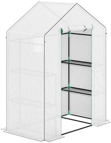 Estufa de Jardim Pequena de 3 Níveis com 6 Prateleiras Porta Enrolável e Capa de PE 143x74x190 cm Branco