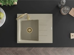 Mexen Ben lava-loiça de granito de 1 cuba com escorredor, esquerdo 600 x 500 mm, bege, sifão dourado - 6522605000-69-G