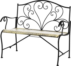 Banco de jardim de 2 lugares 100 x 50 x 88 cm, estilo neo-retro, em ferro forjado, com linhas afiladas, em metal preto dourado, com efeito envelhecido