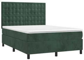 Cama box spring c/ colchão/LED 140x200 cm veludo verde-escuro