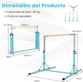 Barra de ginástica infantil dobrável com 13 alturas ajustáveis Estrutura triangular para ginásio em casa Carga 100 kg Azul Claro