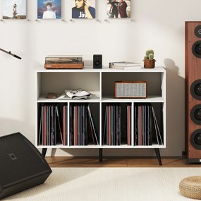 Suporte para gira-discos e discos vinil 100 x 40 x 74,5 cm com estação de carregamento com 5 pés metálicos, portas USB e Type-C Branco