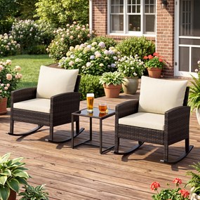 Conjunto de 2 Cadeirões de Baloiço e Mesa Auxiliar, 77 x 62 x 72 cm, Almofadas Bege com Capas Laváveis,