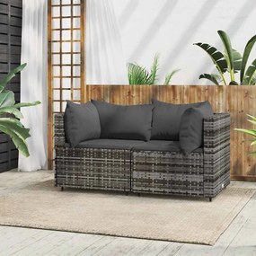 Sofás de canto p/ jardim c/ almofadões 2 pcs vime PE cinzento