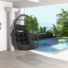 Cadeira suspensa em forma de ovo com almofada para a cabeça, almofada para o assento, cesto de vime, design dobrável, carga máxima 150 kg, 77,5 x 74 x