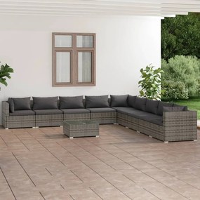 vidaXL 10 pcs conjunto lounge de jardim c/ almofadões vime PE cinzento