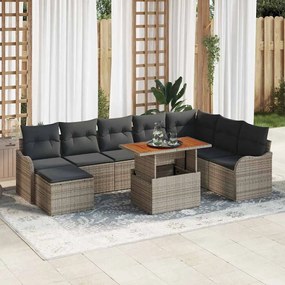 Conjunto de Sofá de Jardim vidaXL 9 Peças com Almofadas Cinza Rattan Poliéster Acácia