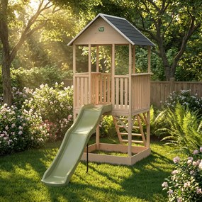 Parque exterior com casa de brincar para crianças Panorama 500 em madeira com escorrega e caixa de areia natural