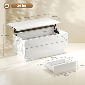 Mesa de centro com altura ajustável, mesa de sala com compartimento oculto e 2 gavetas, 100 x 50 x 44 cm, branca