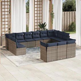 vidaXL 13 pcs conjunto sofás p/ jardim c/ almofadões vime PE cinzento