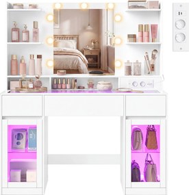 Toucador com espelho 107 x 40 x 144,5 cm (CADEIRA NÃO INCLUIDA), iluminação RGB, tomada e 2 armários Branco