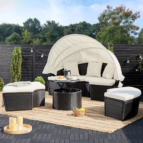 Cama jardim em Polyrattan com toldo sol e mesas telescópica Ø185cm preto/creme