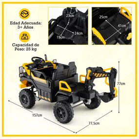 Escavadora elétrica 24 V, 4x4, para crianças com comando à distância, música, luzes, braço de escavação amarela