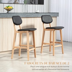 Conjunto de 2 bancos de bar, cadeiras altas, revestimento sintético com encosto e pernas em madeira, preto