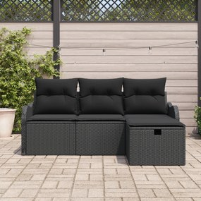 Conjunto de Sofá de Jardim vidaXL 4 Peças com Almofadas Pretas de Ratt