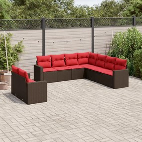 vidaXL 9 pcs conjunto sofás p/ jardim c/ almofadões vime PE castanho