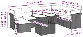 9 pcs conjunto sofás p/ jardim c/ almofadões vime PE castanho