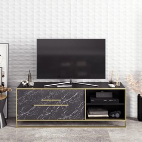Móvel de TV SIENA em Mármore Preto com 2 Portas e Base Dourada – 160x3