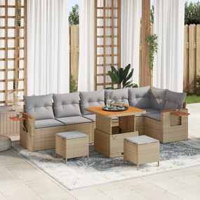 Conjunto de Sofá de Jardim de 9 Peças com Almofadas Bege Poli Rattan Acácia