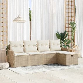 Conjunto de Sofá de Jardim vidaXL 5 Peças com Almofadas Bege Rattan Poliéster