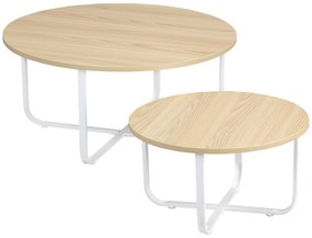 HOMCOM Conjunto de 2 Mesas de Centro Ø65x32cm e Ø45x26cm Mesas Redondas com Bancada de Madeira e Pés de Metal Madeira e Branco
