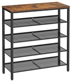 Sapateira VASAGLE de 5 níveis, alta para armazenamento de sapatos com 4 prateleiras de malha e tampo grande para bolsas, economiza espaço para entrada, corredor, aço, industrial, marrom rústico e preto LBS038B01