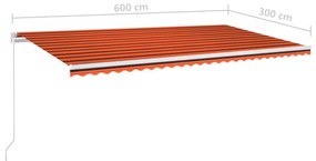 Toldo retrátil manual com LED 600x300 cm laranja e castanho