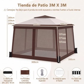 Tenda Dobrável, 300 x 300 cm com 4 sacos areia, 3 Alturas Ajustáveis, Castanho