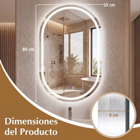 Espelho de Casa de Banho Oval, 50 x 80 x 4 cm, Iluminação LED Ajustável, Prata