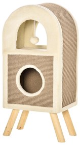 PawHut Arranhador Gatos 2 Níveis Caverna Sisal Natural Pelúcia Teto Arqueado Bola Brincar 4 Pés Madeira 40x34x91cm Bege Marrom Claro