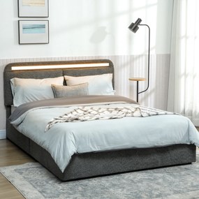 Cama com arrumação 140 x 190 cm com iluminação LED (COLCHÃO NÃO INCLUIDO), cabeceira ajustável, estrutura de cama de casal, base de ripas de madeira,