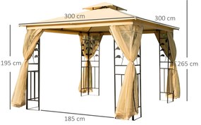 Pérgola de Jardim com Estrutura de Aço Teto Duplo 6 Cortinas Laterais 8 Orifícios de Drenagem 300x400x280 cm Creme