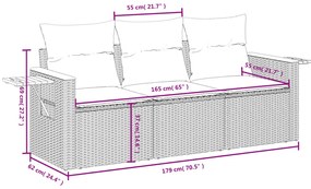 3 pcs conjunto sofás de jardim com almofadões vime PE preto