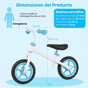 Bicicleta Sem Pedais Infantil, 73 x 44 x 50 cm, Guiador e Selim Reguláveis, Azul+Branco